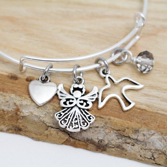 Handcrafted Adjustable Charm Bangle - Heart, Angel & Dove Charms - Picture 2 of 4
